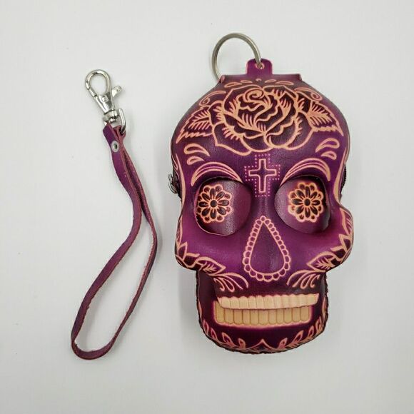 Sugar Skull Leather Wristlet Small Purple Coin Purse Keychain Calavera Wallet - Picture 2 of 16